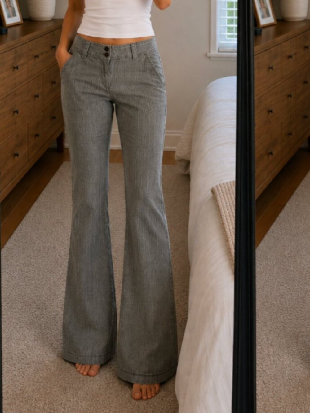 Vintage Reitmans Olive Green Pinstripe Flare Pants - Y2K Low Rise / Size 7